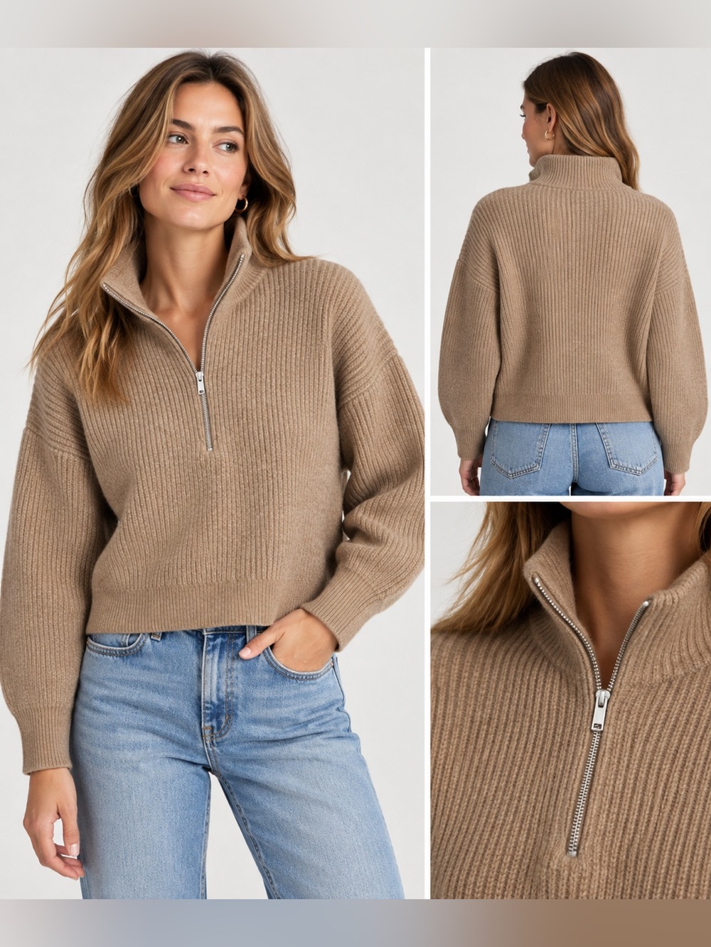 Everlane Women’s Wool Ribbed Half Zip Sweater Brown Tan Size Large Cropped